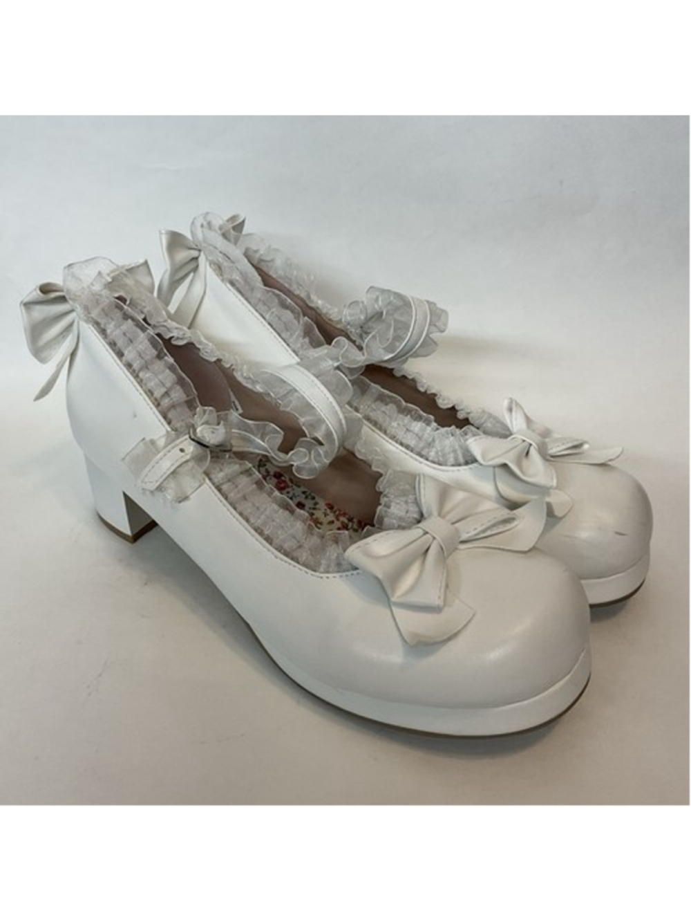 Whhite Round Toes Buckle Bowknot Mid Thick Heels Mary Jane Shoes Women 11-11.5‎